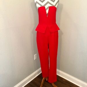 Superdown Strapless Jumpsuit with Peplum | Red